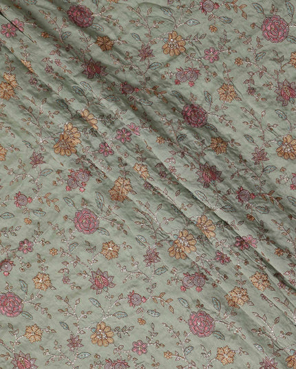 Sage Green Floral Cotton Voile Embroidery Fabric 110cm India