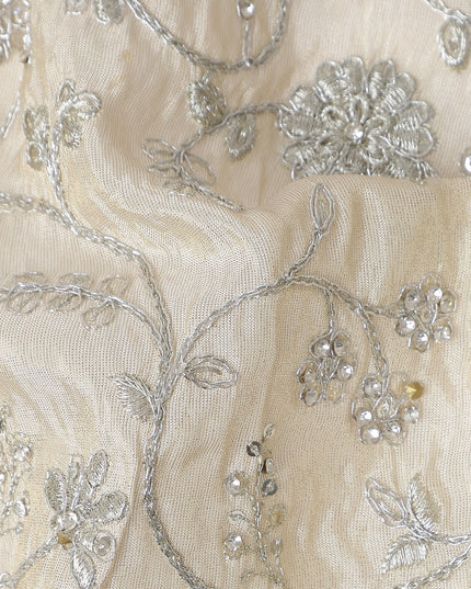 White Floral Embroidery Synthetic Organza Fabric 110cm India
