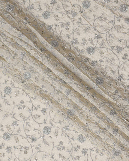 White Floral Embroidery Synthetic Organza Fabric 110cm India