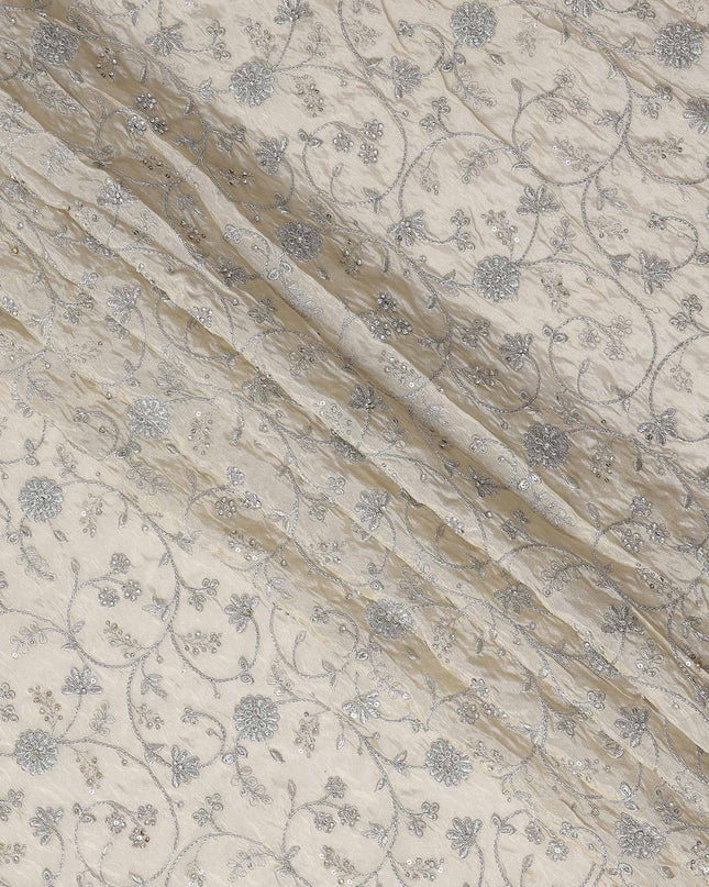 White Floral Embroidery Synthetic Organza Fabric 110cm India