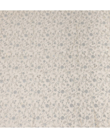 White Floral Embroidery Synthetic Organza Fabric 110cm India