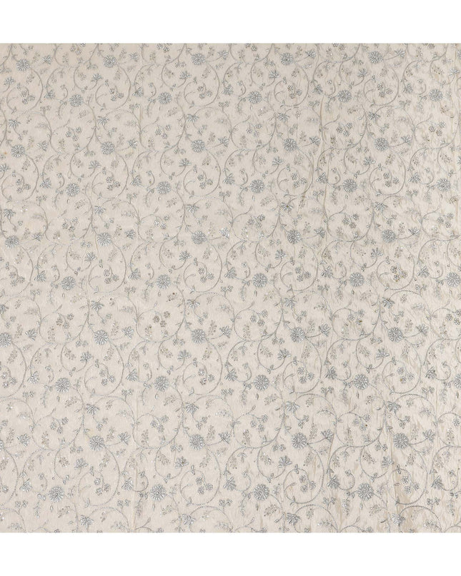 White Floral Embroidery Synthetic Organza Fabric 110cm India