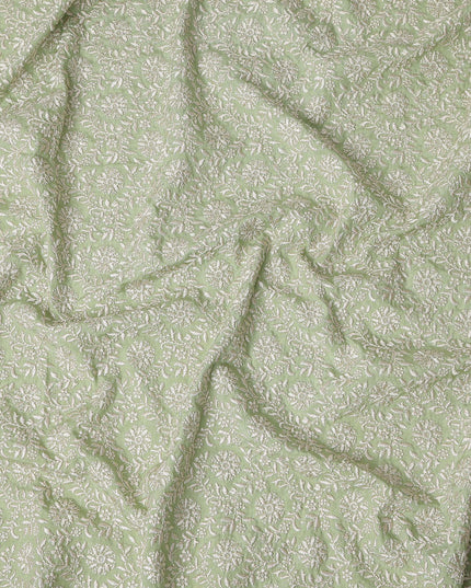 Sage Green Floral Embroidery Tussar Silk Fabric 110cm India