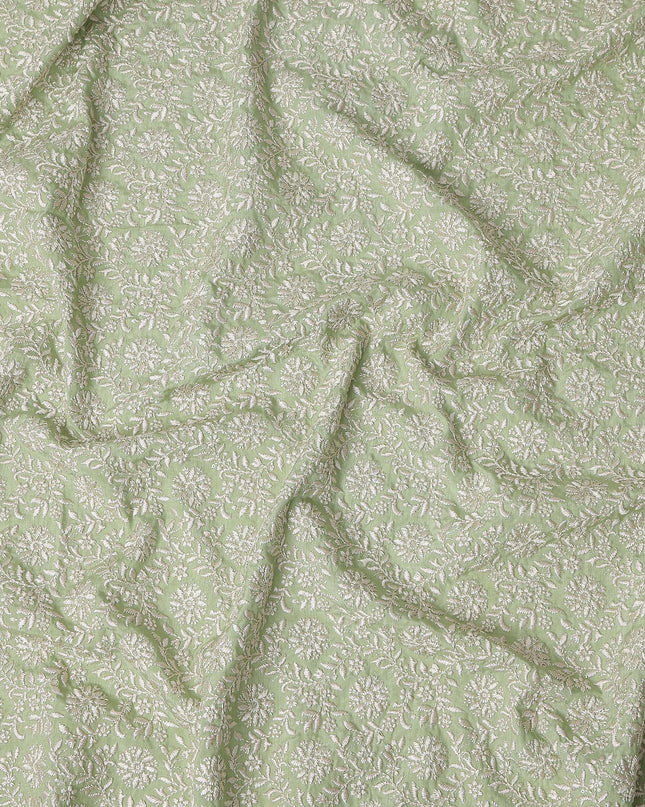 Sage Green Floral Embroidery Tussar Silk Fabric 110cm India