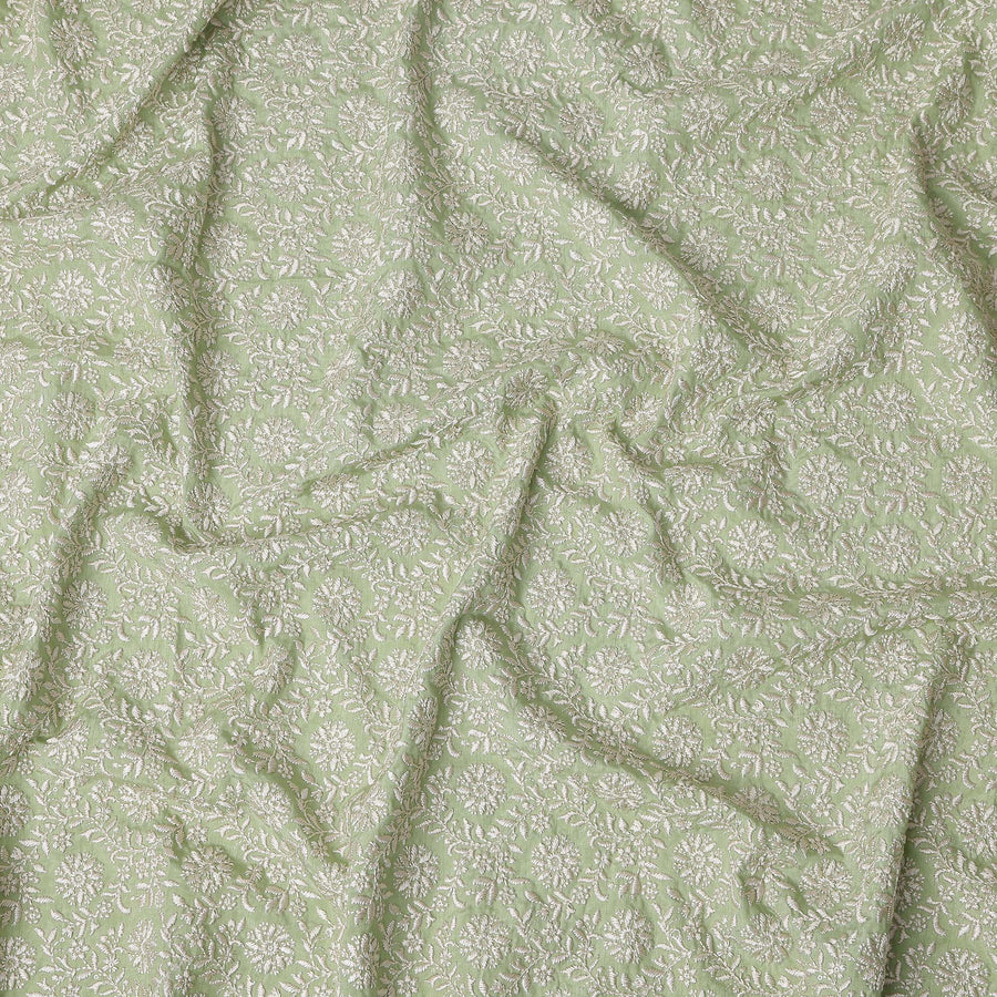 Sage Green Floral Embroidery Tussar Silk Fabric 110cm India