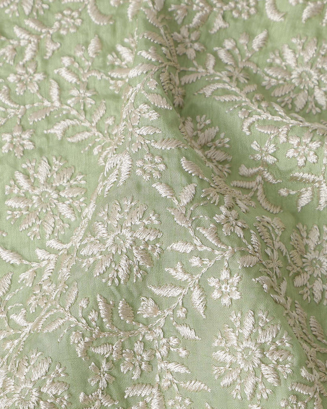 Sage Green Floral Embroidery Tussar Silk Fabric 110cm India