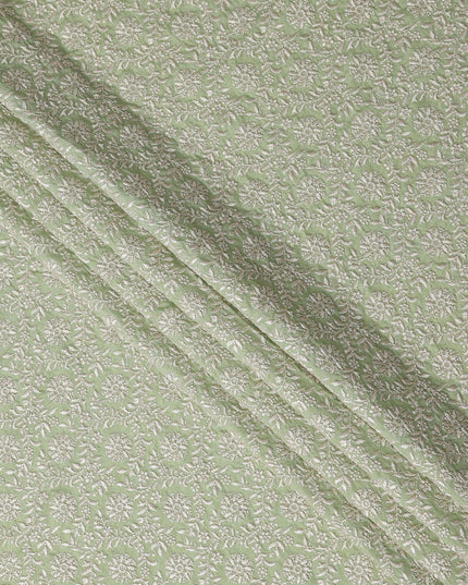 Sage Green Floral Embroidery Tussar Silk Fabric 110cm India
