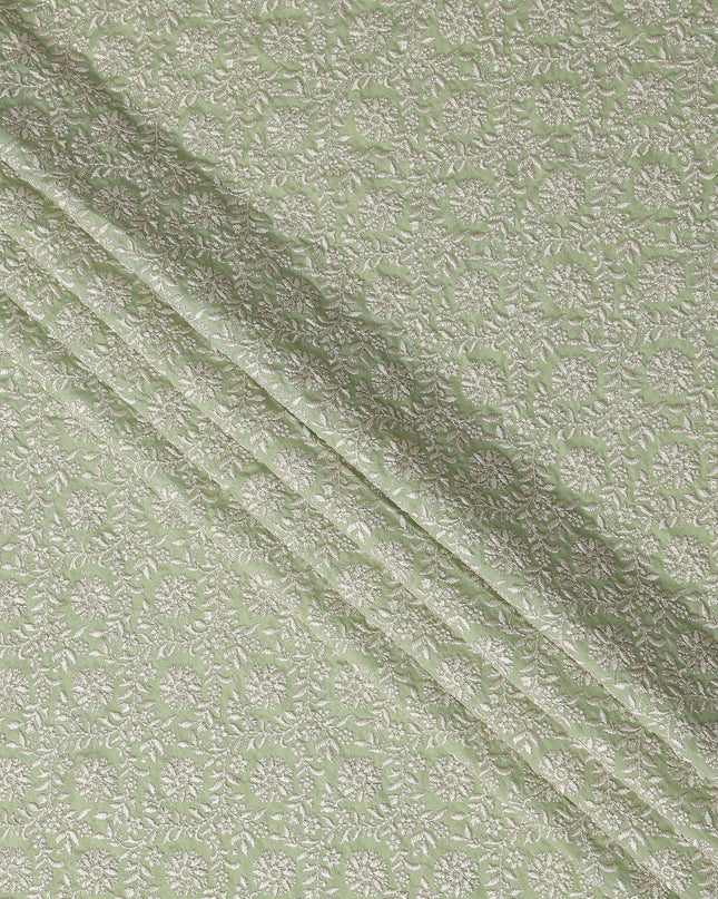 Sage Green Floral Embroidery Tussar Silk Fabric 110cm India