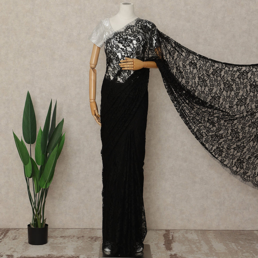 Black French 2-tone Chantilly Lace Saree