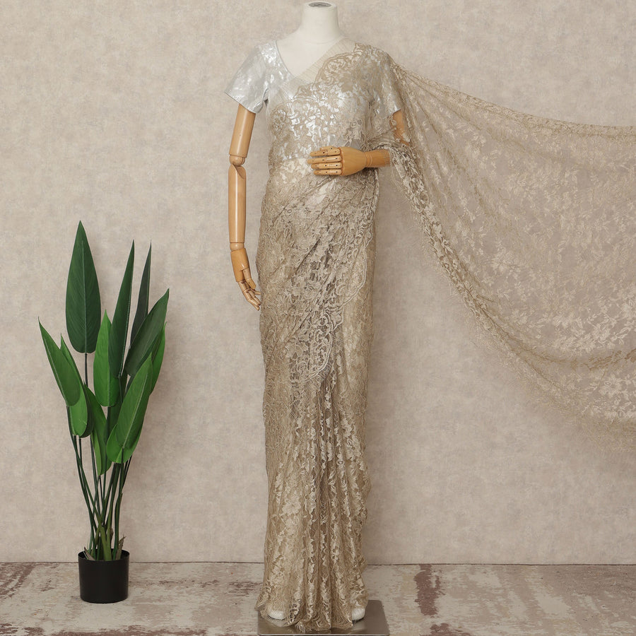 Beige French 2-tone Chantilly Lace Saree