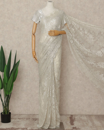Ivory White French Metallic Chantilly Lace Saree