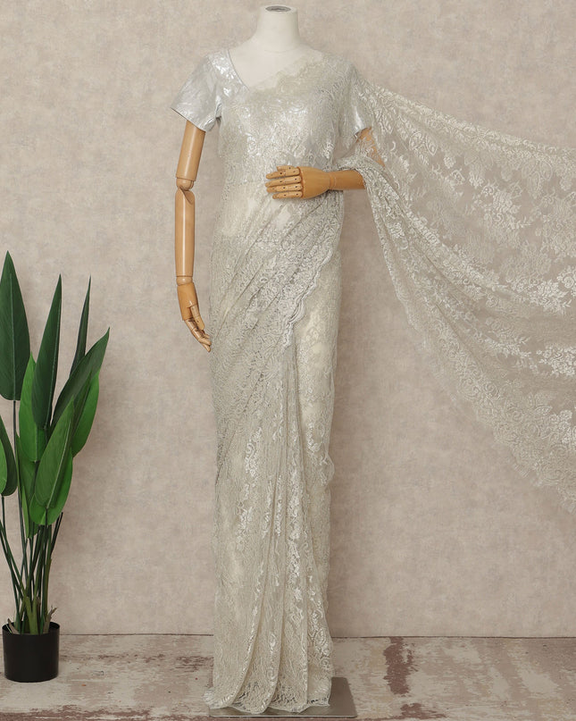 Ivory White French Metallic Chantilly Lace Saree