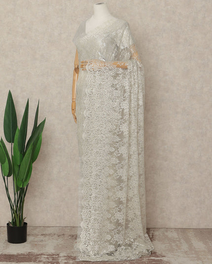 Ivory White French Metallic Chantilly Lace Saree