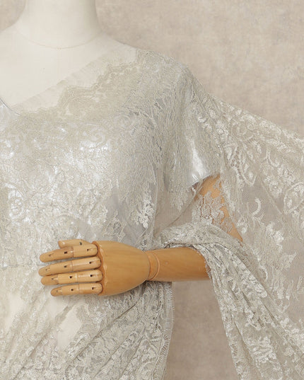 Ivory White French Metallic Chantilly Lace Saree