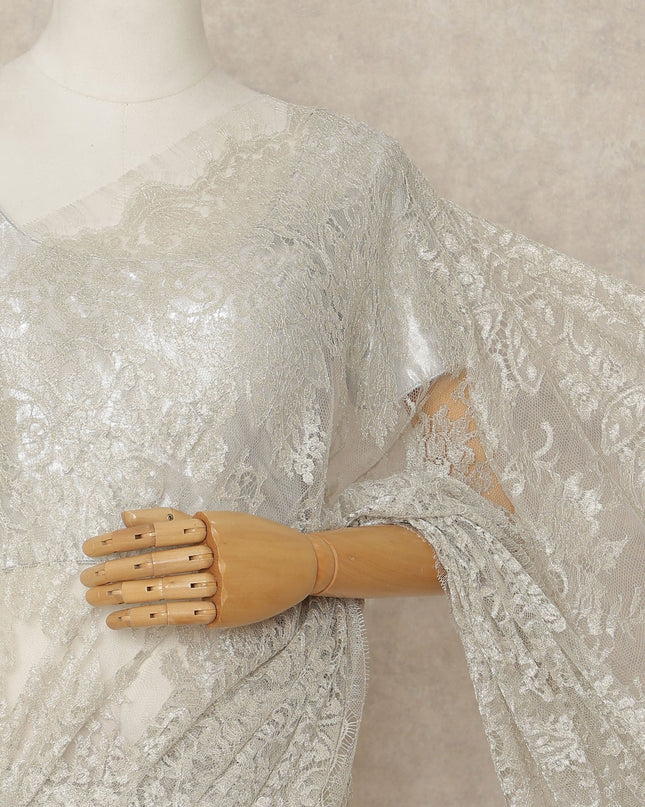 Ivory White French Metallic Chantilly Lace Saree