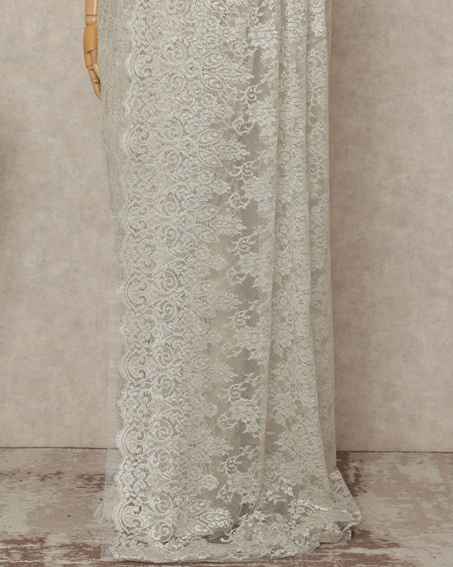 Ivory White French Metallic Chantilly Lace Saree