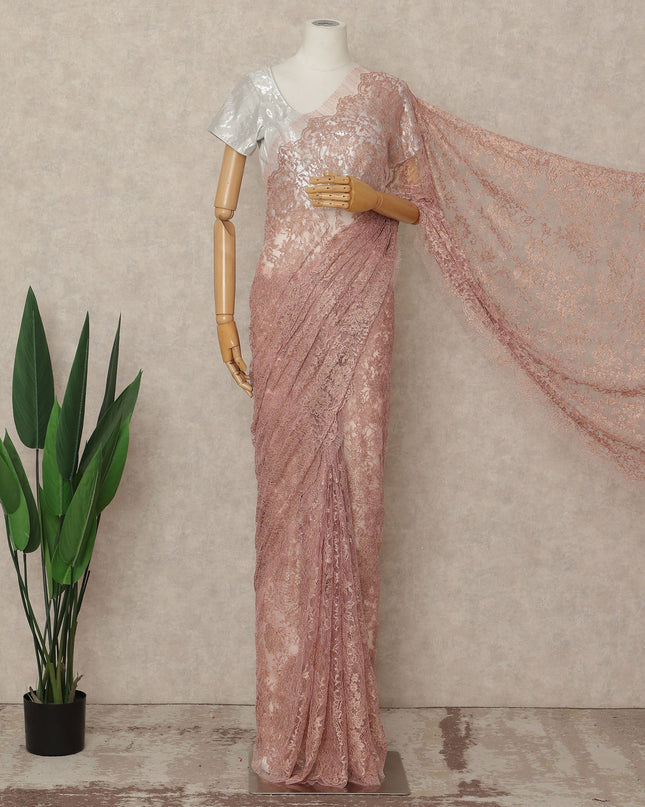 Pink French Metallic Chantilly Lace Saree