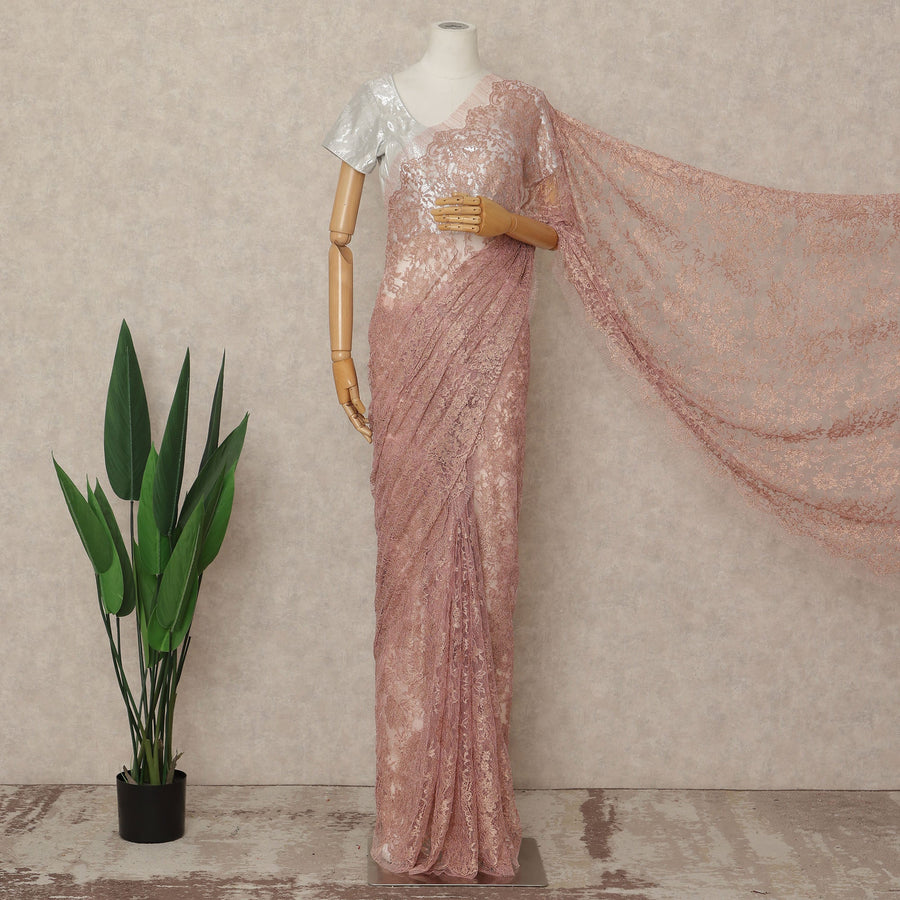 Pink French Metallic Chantilly Lace Saree