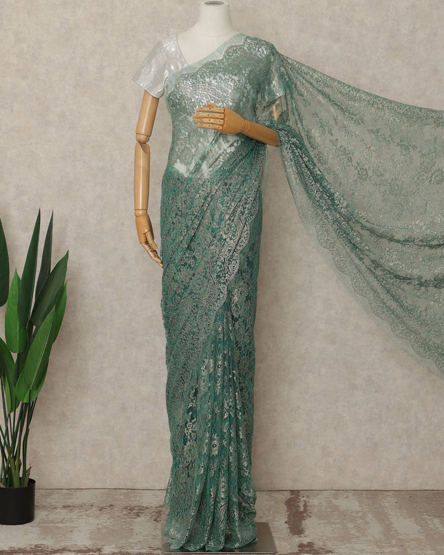 Green French Metallic Chantilly Lace Saree