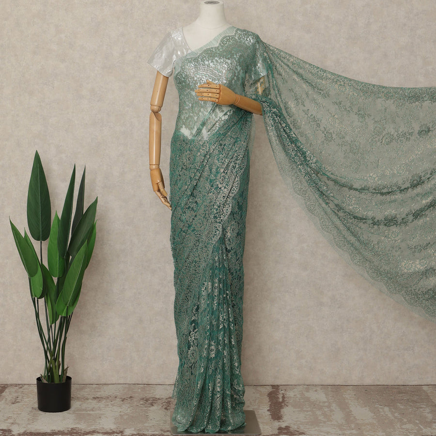 Green French Metallic Chantilly Lace Saree