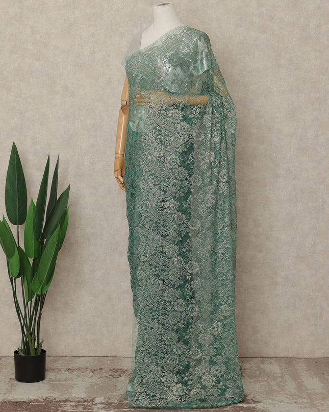 Green French Metallic Chantilly Lace Saree