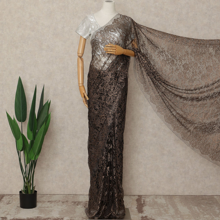 Brown French Metallic Chantilly Lace Saree