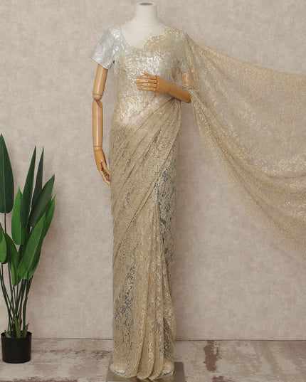 Beige French Metallic Chantilly Lace Saree
