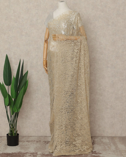 Beige French Metallic Chantilly Lace Saree