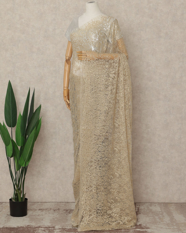 Beige French Metallic Chantilly Lace Saree