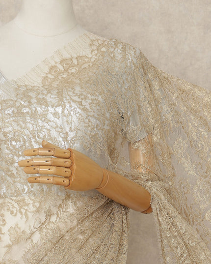 Beige French Metallic Chantilly Lace Saree