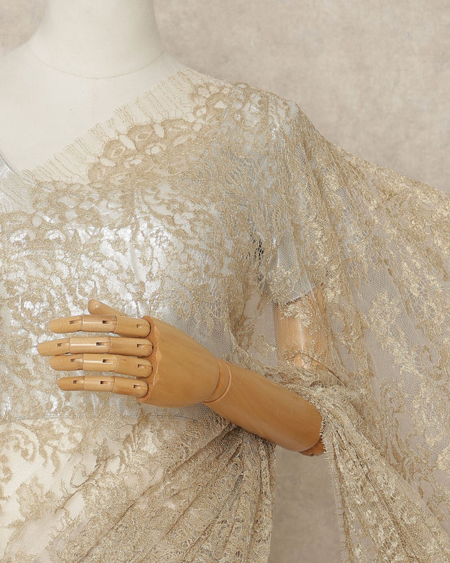 Beige French Metallic Chantilly Lace Saree