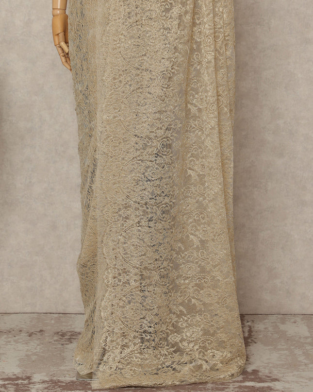 Beige French Metallic Chantilly Lace Saree