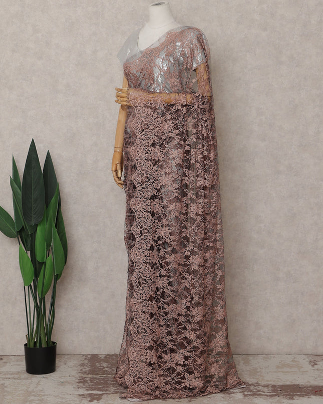 Brown French Chantilly Lace Saree | Regal