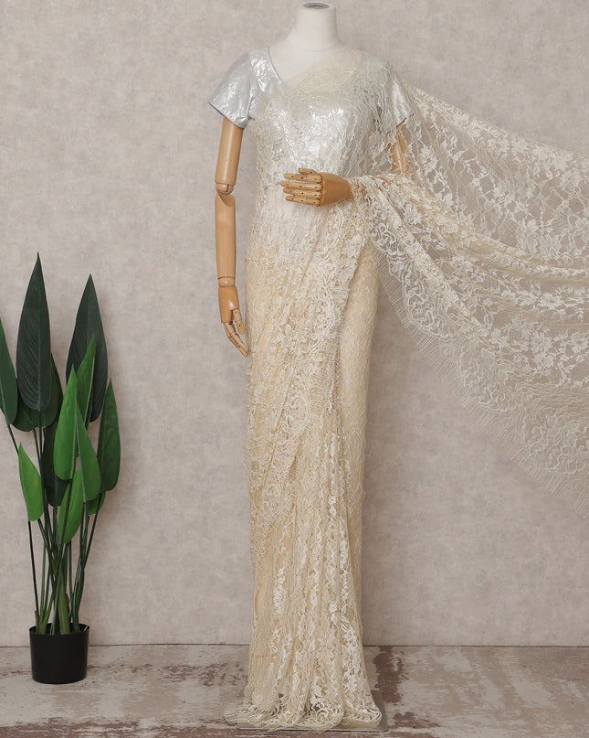 Ivory Cream Chantilly Lace Saree - D31640