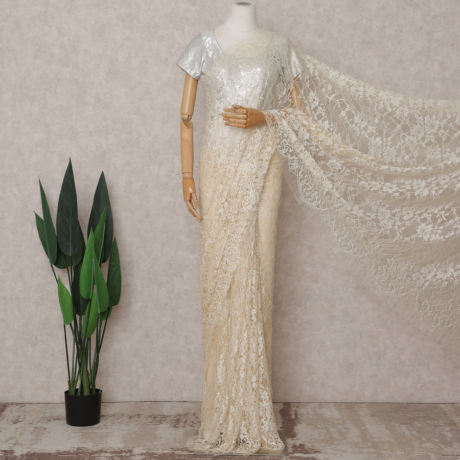 Ivory Cream Chantilly Lace Saree - D31640