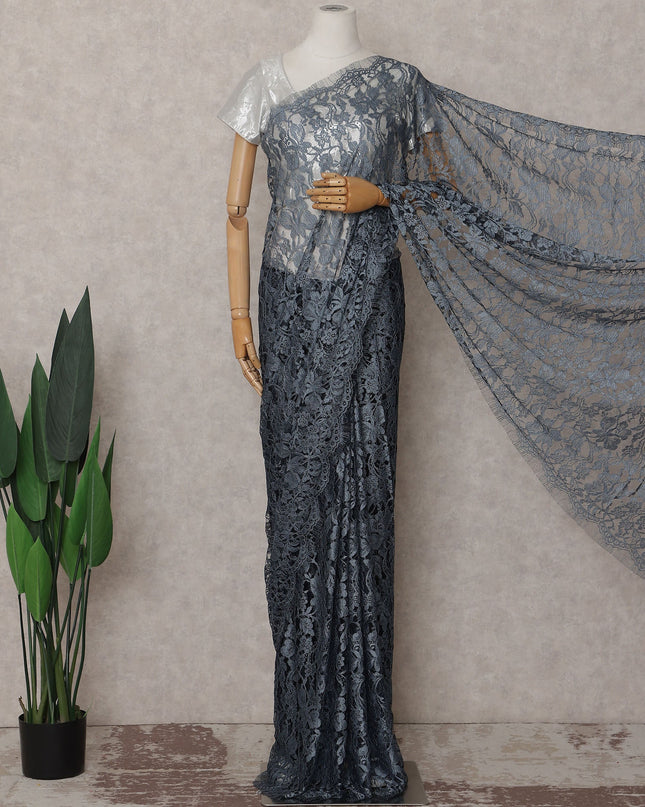 Slate Grey French Chantilly Lace Saree