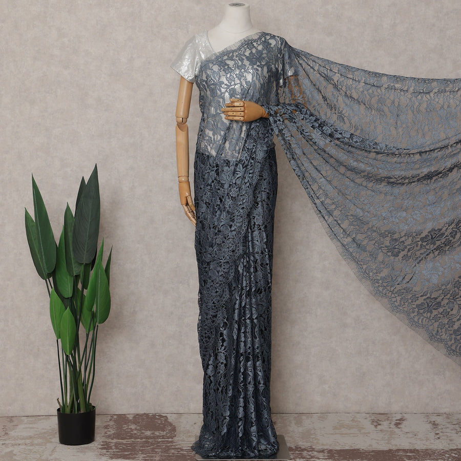Slate Grey French Chantilly Lace Saree