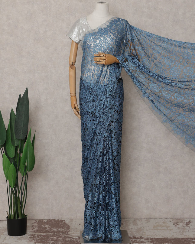Slate Blue Chantilly Lace Saree | Regal Fabrics