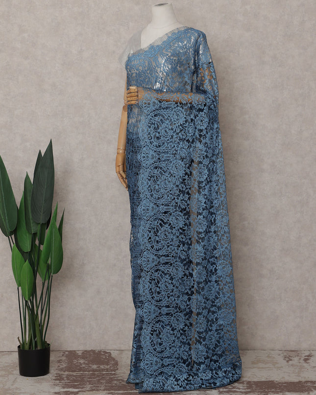 Slate Blue Chantilly Lace Saree | Regal Fabrics