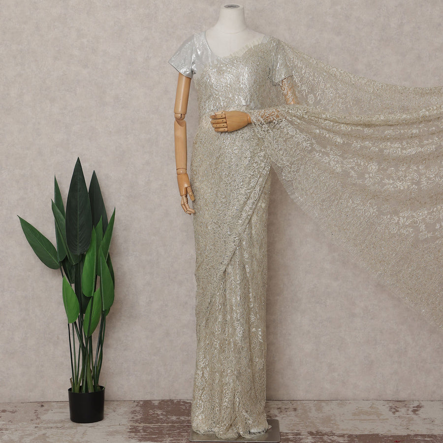 Beige French Chantilly Lace Saree | Regal