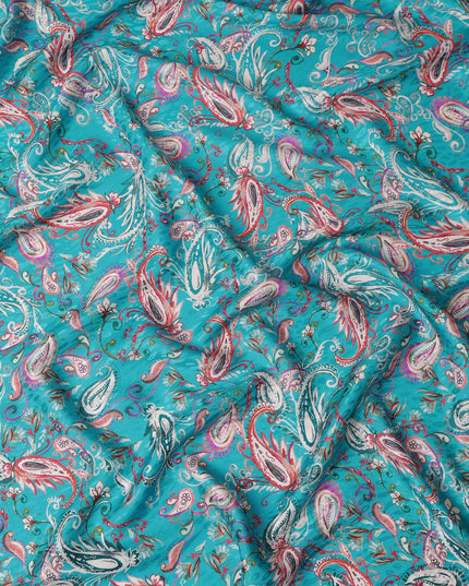 Turquoise Teal Blue Paisley Silk Satin Fabric 110cm
