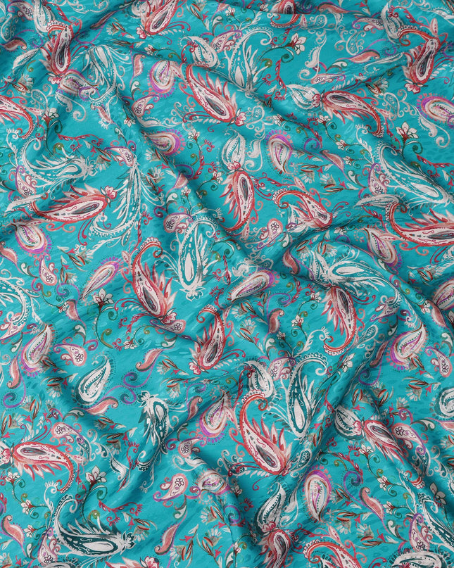 Turquoise Teal Blue Paisley Silk Satin Fabric 110cm