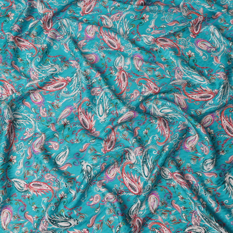Turquoise Teal Blue Paisley Silk Satin Fabric 110cm