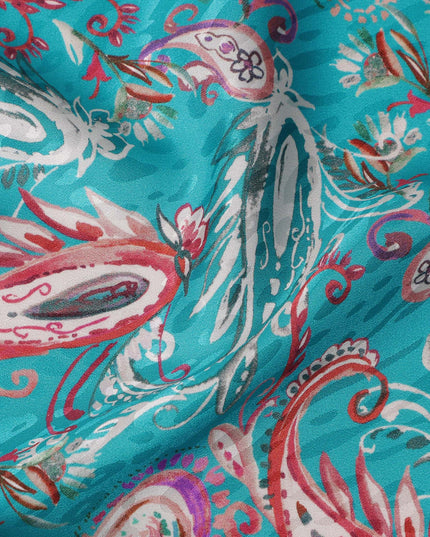 Turquoise Teal Blue Paisley Silk Satin Fabric 110cm