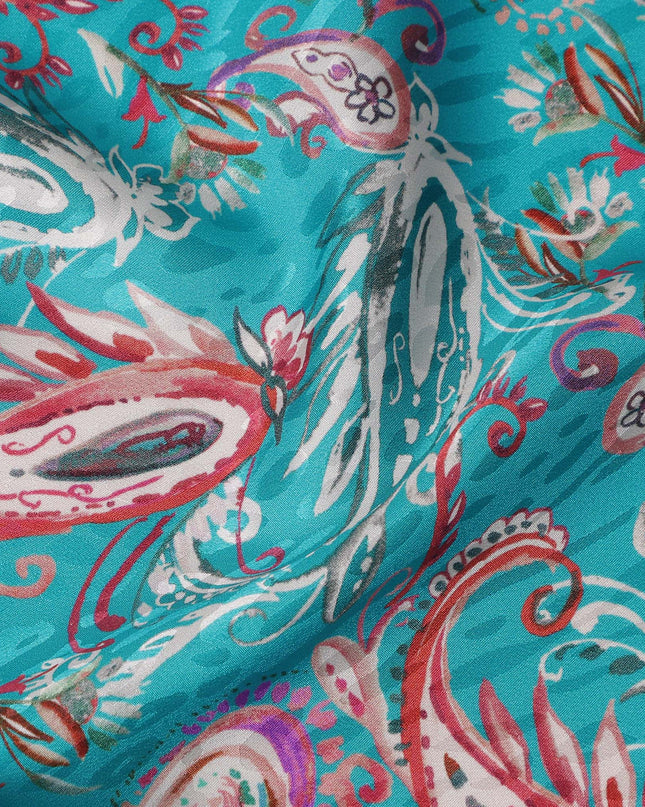 Turquoise Teal Blue Paisley Silk Satin Fabric 110cm