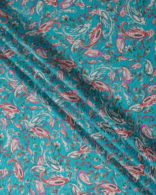 Turquoise Teal Blue Paisley Silk Satin Fabric 110cm