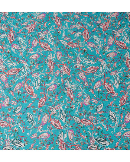 Turquoise Teal Blue Paisley Silk Satin Fabric 110cm