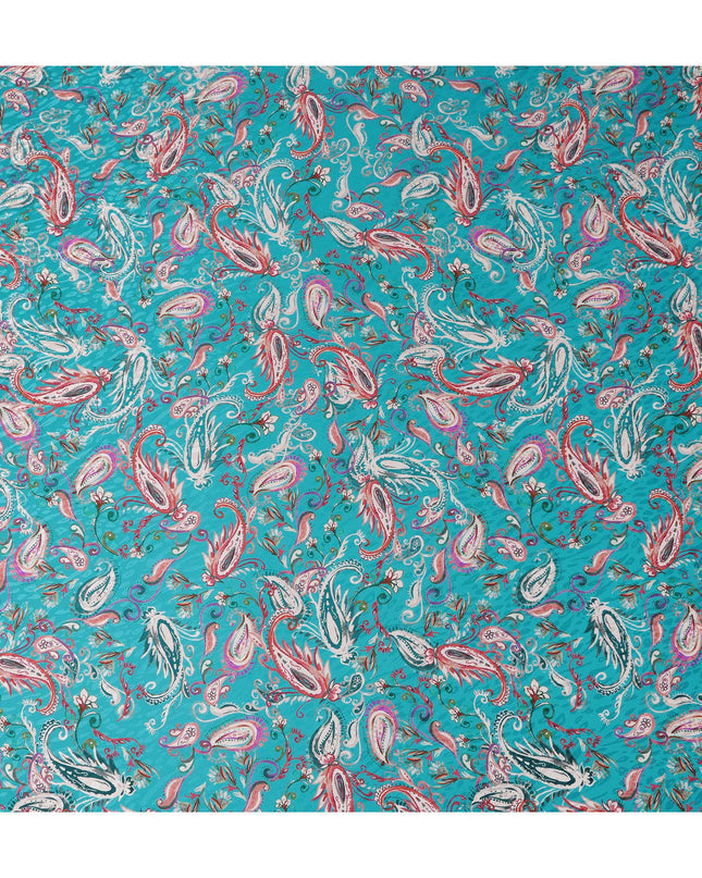 Turquoise Teal Blue Paisley Silk Satin Fabric 110cm