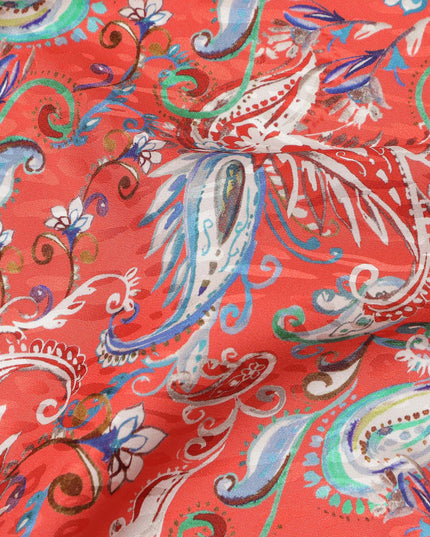 Vibrant Red Paisley Silk Satin Fabric 110cm