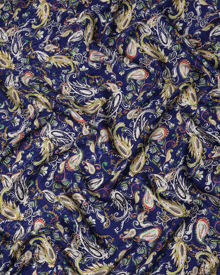 Royal Navy Blue Paisley Silk Satin Fabric 110cm